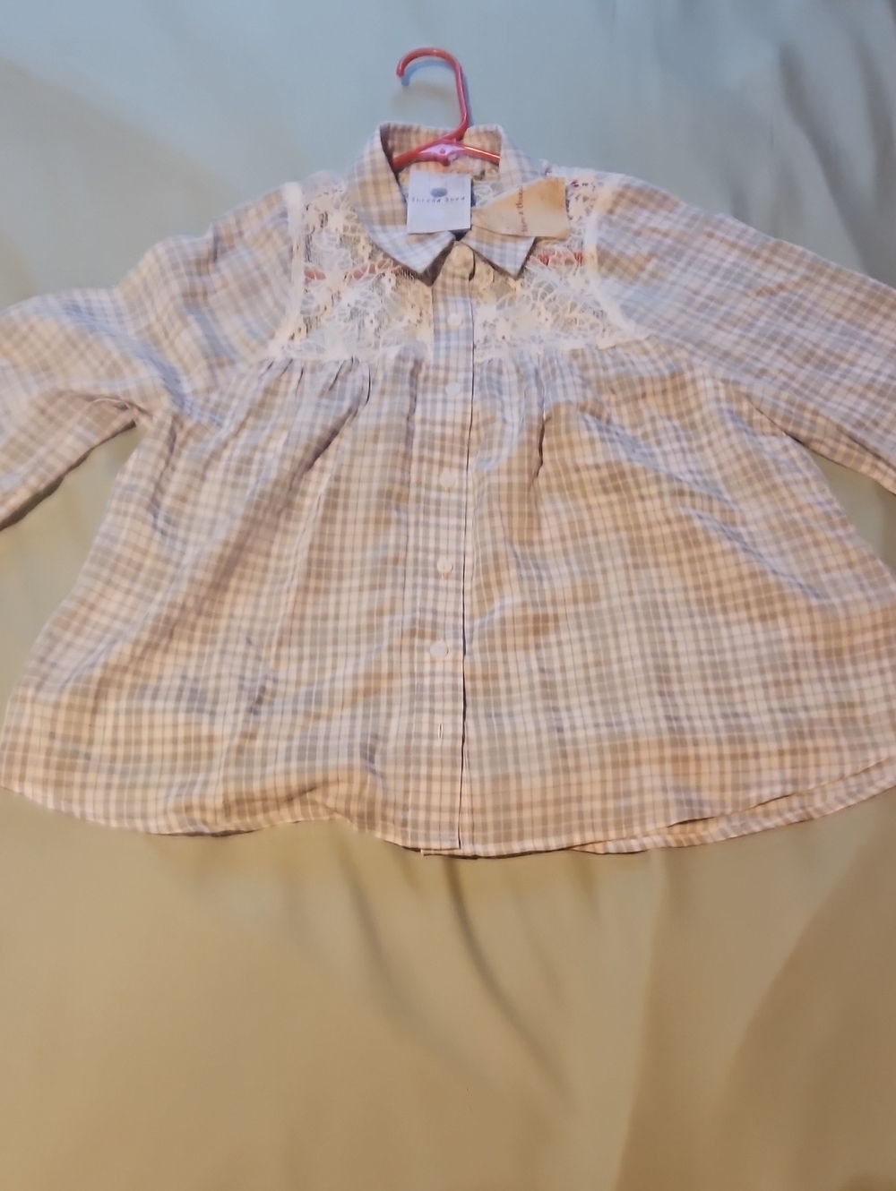 Hem & Thread Pink and Cream Plaid Lace-Yoke Button-Down Shirt